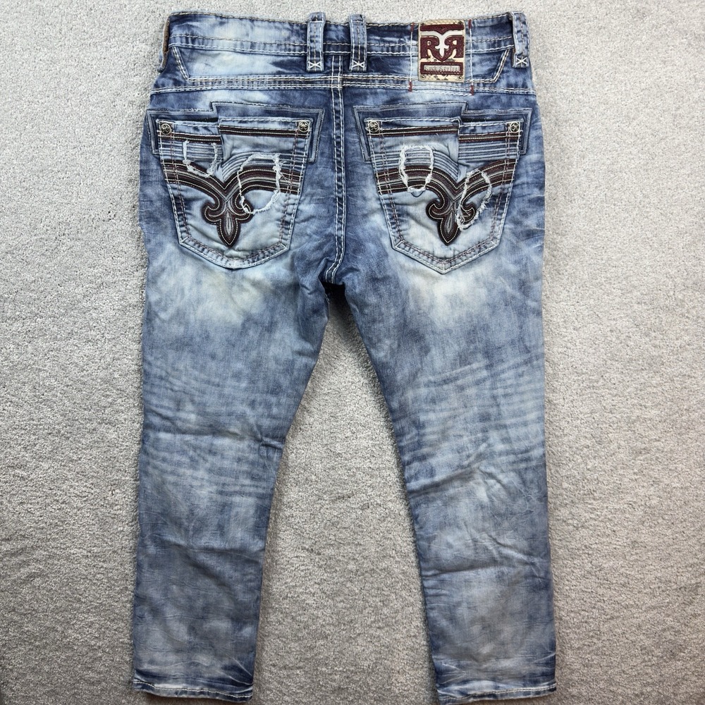 Rock Revival Duke Alt Straight Jeans Mens 38 Blue Distressed Fleur De Lis Denim